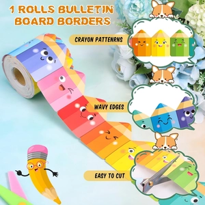 Macro detail of colorful wavy crayon border sticker roll for classroom decoration