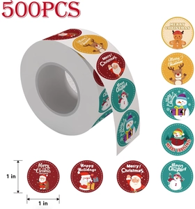 Detail of 500 Christmas stickers roll featuring 1 inch round snowman and santa patterns