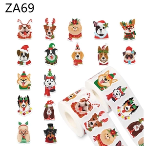 Detail of Christmas dog stickers roll featuring Husky and Golden Retriever in holiday gear