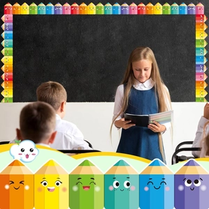Colorful pencil chalkboard border sticker used in a classroom setting with students