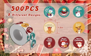 Detail of 500 Merry Christmas sticker roll with 8 festive designs on 1.5-inch round labels