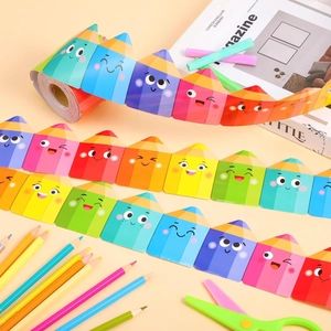 Macro view of colorful pencil-shaped border stickers with cute cartoon facial expressions