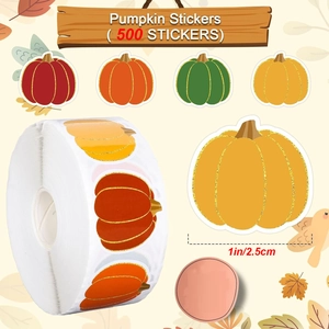 Detail of fall pumpkin stickers roll showing 1 inch diameter and 500 pieces per roll