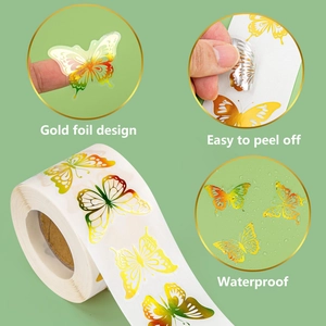 Close-up of waterproof gold foil butterfly stickers showing easy-peel adhesive texture
