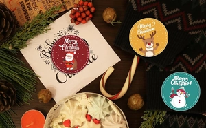 Close-up of Merry Christmas stickers with Santa, reindeer and snowman in festive scene