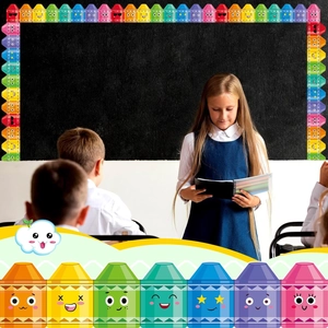 Close-up of colorful crayon-themed blackboard border stickers with cute cartoon faces