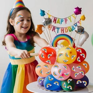 Rainbow birthday party decoration set with holographic stickers and balloon arch kits