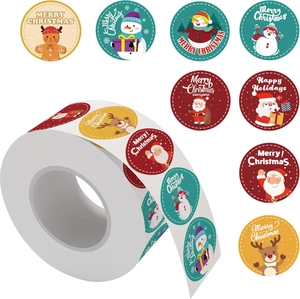 Roll of 500 Merry Christmas stickers with snowman and reindeer for gift envelope seals
