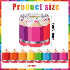 Close-up of 32ft colorful pencil border sticker rolls for bulletin boards showing dimensions