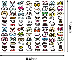 Detail view of colorful cartoon expression stickers showing diverse emotions and 9.8 inch size