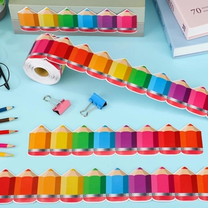 Colorful pencil shaped border stickers in rainbow colors for classroom and office decoration