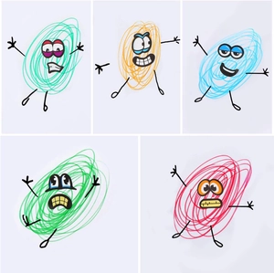 Five colorful cartoon monster stickers with creative hand-drawn scribble doodle designs