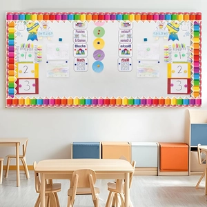 Macro detail of vibrant rainbow pencil border trim for classroom bulletin board displays