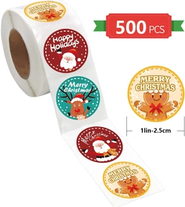 Détail du rouleau de 500 autocollants de Noël montrant la taille et les motifs de fête