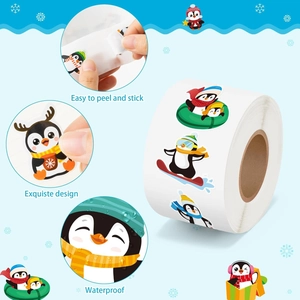 Waterproof cartoon penguin reward sticker roll with festive winter designs for kids