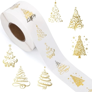 500 transparent Christmas stickers roll with gold foil trees and Merry Christmas text