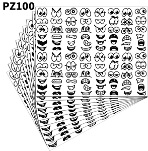 Detailed view of layered cartoon facial expression stickers in black and white minimalist style