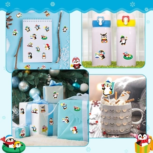 Cartoon penguin stickers applied to water bottle, laptop and Christmas gift boxes