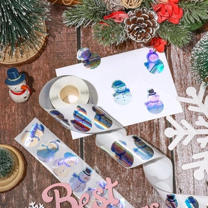 Laser holographic Christmas snowman roll stickers for festive gift packaging and DIY decor