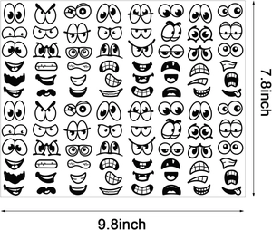 Detail view of cartoon expression stickers showing size dimensions of 7.8 x 9.8 inches
