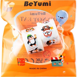 Detail view of two rolls of cartoon penguin reward stickers in orange gift packaging
