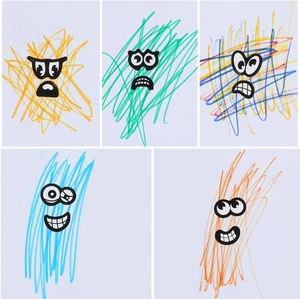 Detail of creative cartoon emoji stickers with colorful doodle backgrounds and funny faces