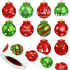 Rouleau de 500 autocollants de Noël avec boules festives rouges et vertes et vœux de fête