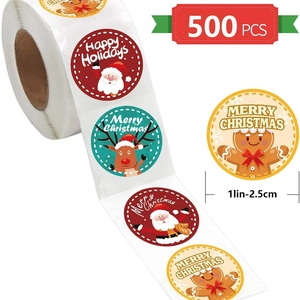 Rouleau de 500 autocollants de Noël motifs Père Noël et élan, étiquettes rondes de 1 pouce