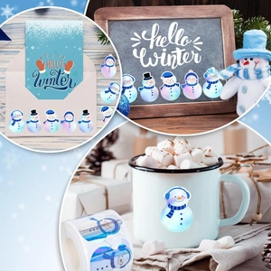 Macro view of holographic snowman stickers on a roll for festive gift packaging