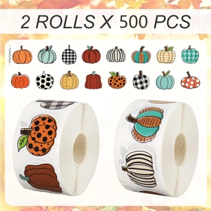Detail showing two rolls of 500 autumn pumpkin stickers with 16 rustic patterns and sizes