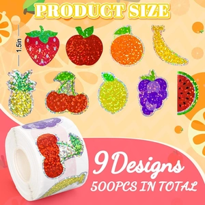 Roll of 500 laser fruit stickers 1.5 inch size featuring 9 shiny waterproof designs