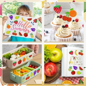 Detail of glitter fruit stickers used on lunch boxes, cards and notebooks