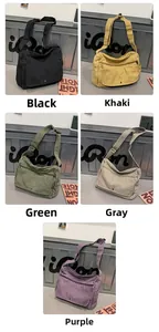 Detailed grid of canvas messenger bags in black, khaki, green, grey, and purple