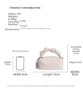 Detailed size specifications and dimensions for the creamy white pleated mini square handbag