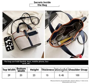 Guida alle taglie e vista interna della borsa a secchiello vintage in tela da donna