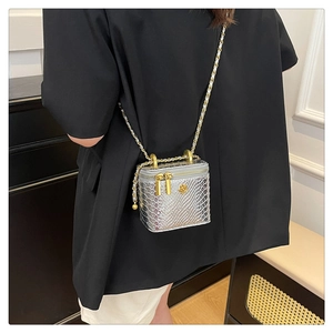 Detail of silver snake-pattern mini crossbody bag with gold chain and floral logo