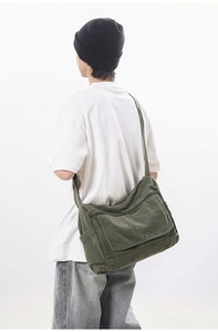 Detail view of army green canvas messenger bag with adjustable strap and multi-pockets