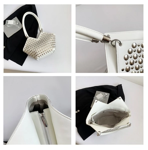 Vues détaillées du sac à main blanc à rivets montrant les finitions et l'intérieur