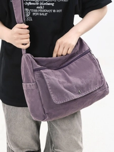 Purple large capacity washed canvas messenger bag for women with multiple pockets