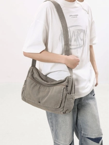 Japanese style oversized washed canvas messenger bag in taupe with adjustable strap