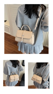 Three-way view of a beige pebble leather handbag shown in various carrying styles
