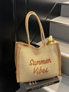 Summer Vibes Woven Straw Tote Bag Large Beach Shoulder Bag With Handwoven Handle Casual Vacation Travel Handbag For Women
