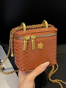 Chic brown snake pattern mini square bag with chain strap and dual zipper closure