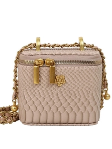 Pink snakeskin textured square mini bag with golden chain and camellia flower zipper charm