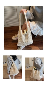 Close-up of cream hollow woven bucket bag with detailed honeycomb crochet texture