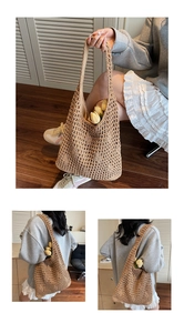 Detail of hand-woven crochet bucket bag with breathable hollow pattern and long strap