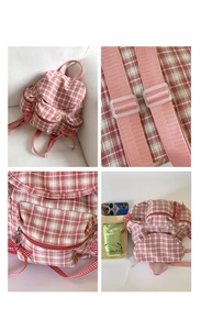 Détails du sac à dos en toile à carreaux roses montrant le nœud et l'espace interne