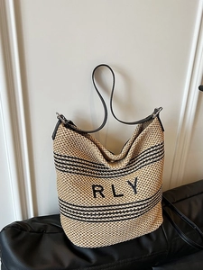 Summer straw bucket bag with black RLY embroidery and stripes for casual beach vacation