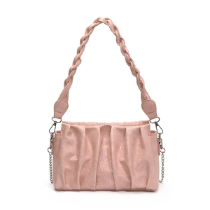 Pink pleated crossbody bag with woven leather handle and silver chain decoration