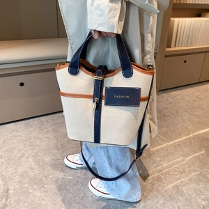 Borsa a Secchiello in Tela Patchwork da Donna Retro Colore a Contrasto Finiture in Pelle Borsa a Mano Con Lucchetto Tracolla